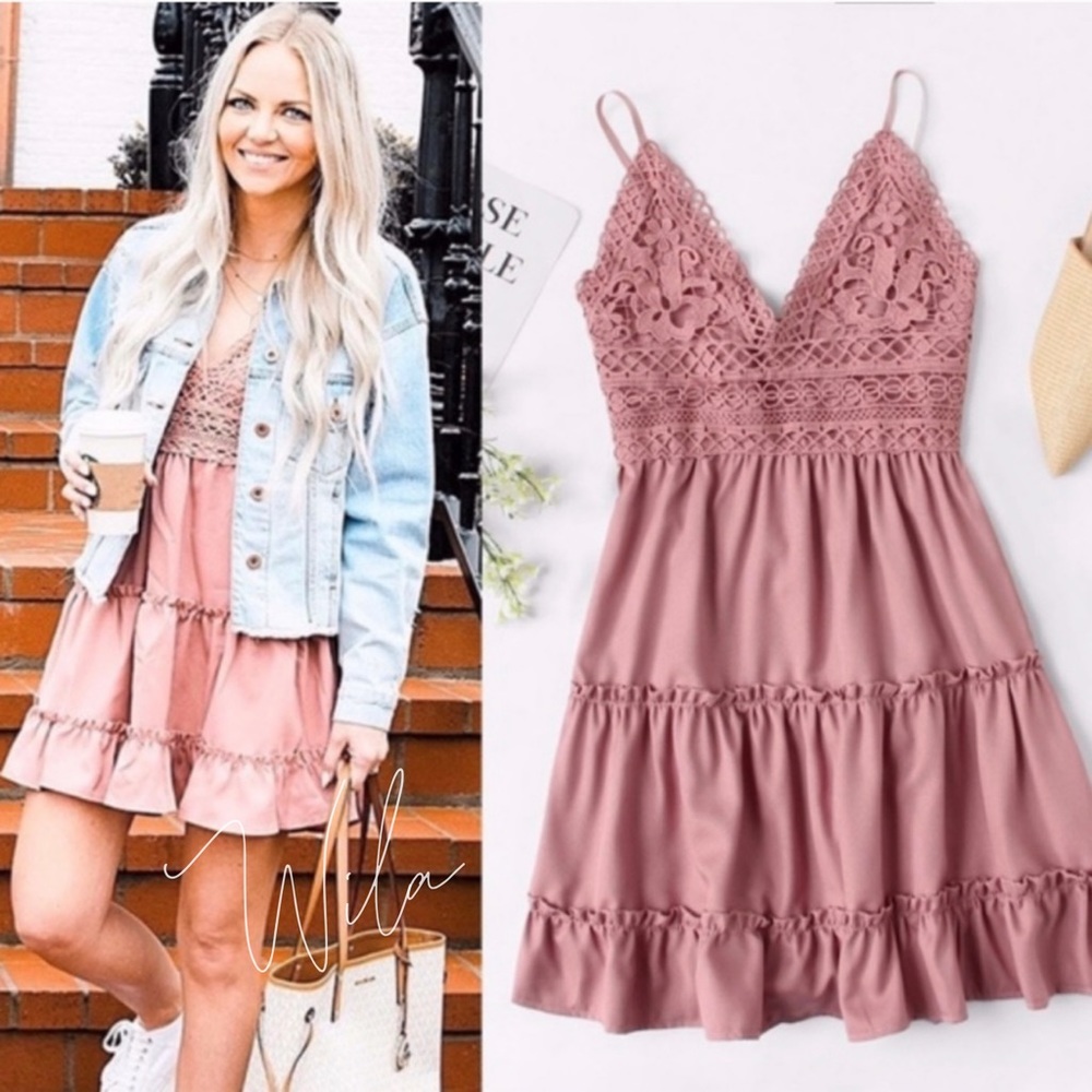 💗 Tiered layer dress crochet pink bow boho - Picture 1 of 4